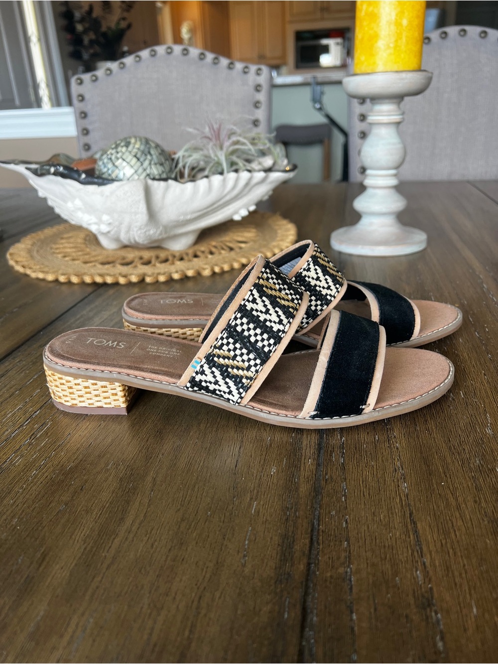TOMS Black and Tan Braided Double-Strap Slide Sandals